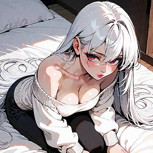 White-Haired Anime Girl on Bed