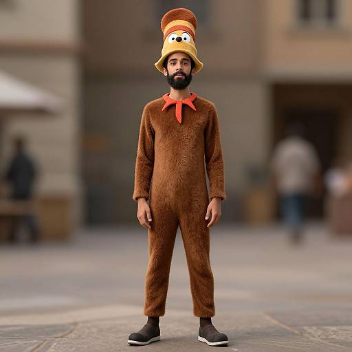 Photograph of a bearded man standing in a city square, wearing a brown Smurf costume with a red neckerchief and Smurf hat,