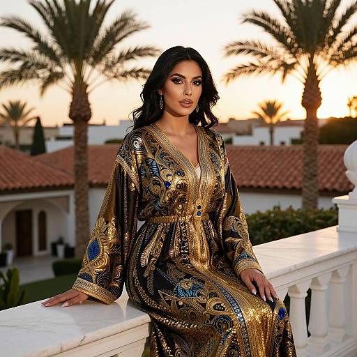 Photograph of a beautiful woman with dark wavy hair in an ornate golden and blue patterned robe, sitting on a white balcony at sunset,