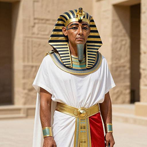 Photograph of an African man in an Egyptian pharaoh costume with striped nemes headdress, white tunic, gold belt, and blue-green jewelry