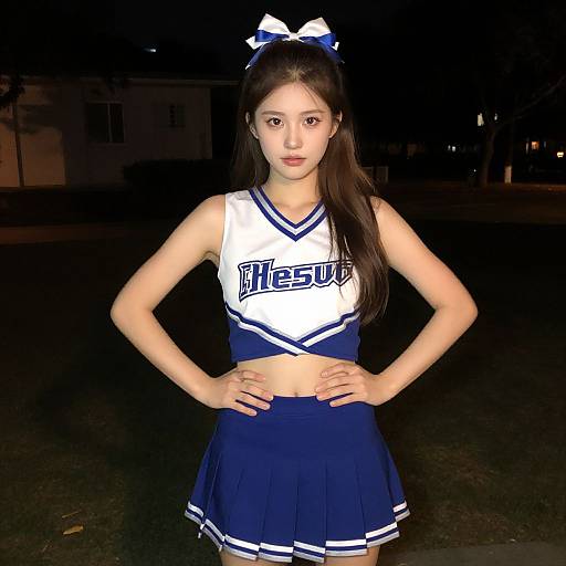 Photograph of an Asian teenage girl with long black hair, wearing a white and blue cheerleader outfit with 