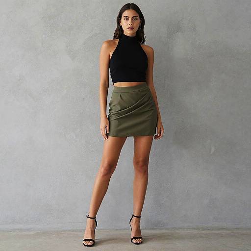 Photograph of a tall, slim woman with long black hair, wearing a black sleeveless crop top, olive green mini skirt, and black high heels