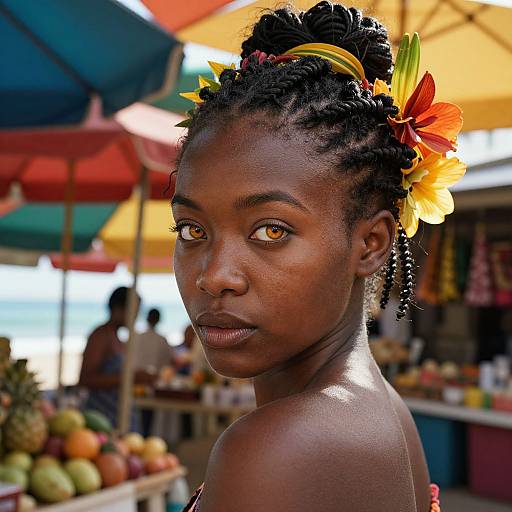Photograph of a young Black woman with braided hair adorned with bright orange and yellow flowers, standing at a colorful outdoor market with umbrellas and fruit
