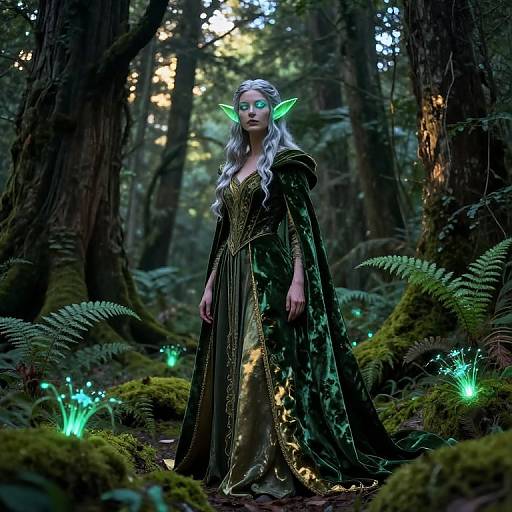 Digital fantasy artwork: Elven woman with glowing green ears, long silver hair, black velvet gown with gold trim, standing in a mystical forest with bi