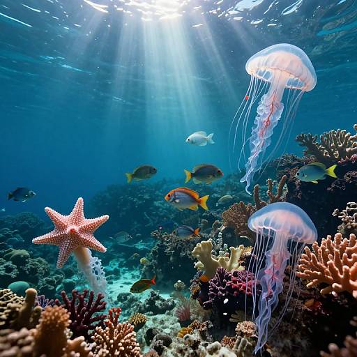Photograph of underwater coral reef scene with sunbeams filtering down, two jellyfish, starfish, colorful fish, and diverse corals.