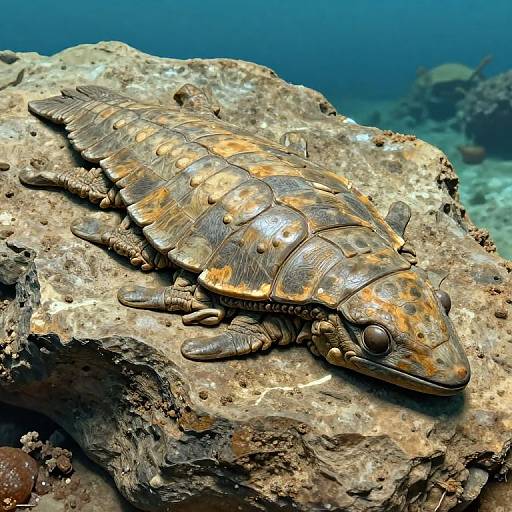Photograph of a colorful, patterned sea turtle resting on a rocky underwater surface, with a blurred blue ocean background.