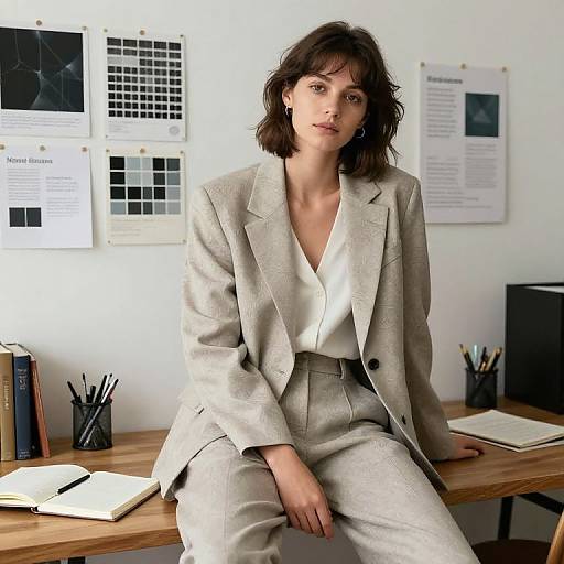 Photograph of a young woman with short, dark brown hair, wearing a light gray, double-breasted suit, sitting on a wooden desk in a