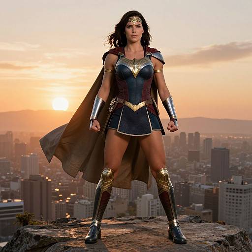 Photograph of Wonder Woman in blue and gold costume, standing confidently on a rooftop at sunset, cityscape in background.