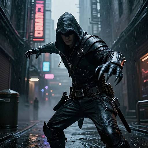CGI image of a hooded, armored, cyberpunk warrior in a rainy, neon-lit city alley, crouched with outstretched