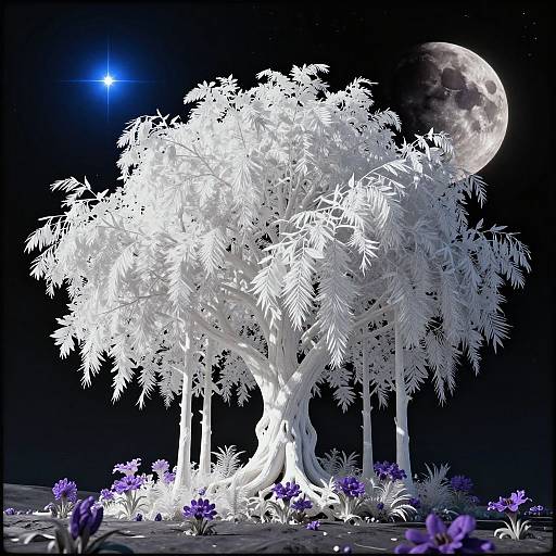 Photorealistic digital artwork of a glowing white tree with vibrant purple flowers under a moonlit starry night sky, featuring a bright blue star in the