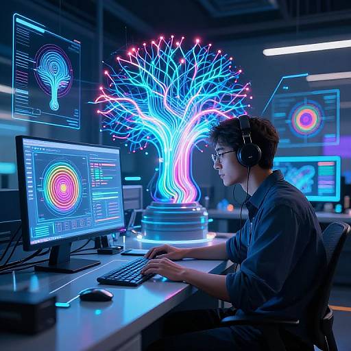 Cyberpunk-style photograph of a young man with glasses and headphones, typing on a computer, surrounded by neon blue and pink tree and glowing interface screens