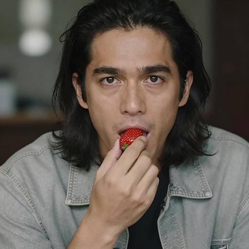 Intense Portrait of a Man with Strawberry