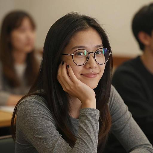 Smiling Young Woman with Glasses in Classroom
