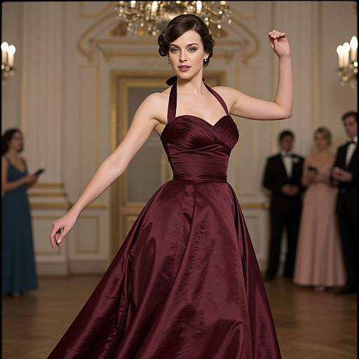 Photograph of a confident brunette woman in a deep burgundy, halter-neck gown, dancing elegantly in a luxurious, ornately decorated ballroom
