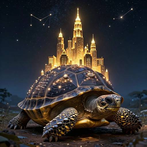 Digital artwork of a giant, glowing tortoise carrying a lit, futuristic cityscape with skyscrapers under a starry night sky.