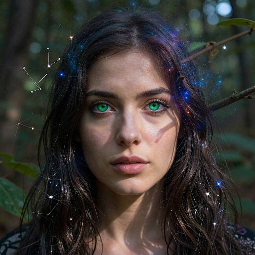 Photograph of a young woman with striking green eyes, long dark hair, surrounded by twinkling stars and constellations, in a forest.