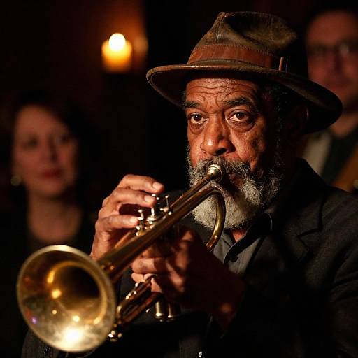 Photograph of an older bearded man with a brown hat passionately playing a brass trumpet in a dimly lit jazz club.