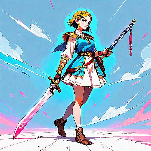 Digital anime-style drawing of a warrior woman with blue dress, gold armor, and sword, holding katana, against vibrant blue sky.