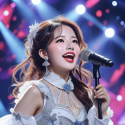 Photograph of an Asian woman with long brown hair, wearing a glittery white dress and crown, singing into a microphone under colorful stage lights.
