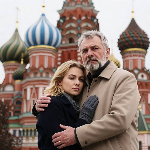 Serious Embrace Beneath Russian Church Domes