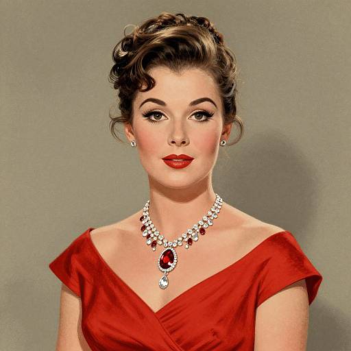 Vintage-style digital portrait of a fair-skinned woman with red lipstick, dark brown wavy hair, wearing a red off-shoulder dress and a