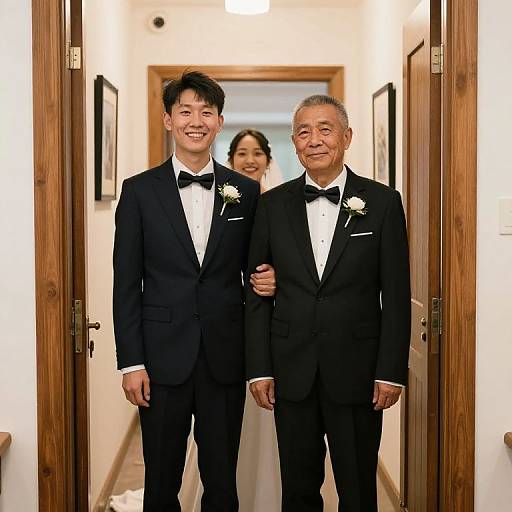 Photograph of two Asian men in black tuxedos with white rose boutonnieres, standing in a wooden hallway, smiling; third person blurred