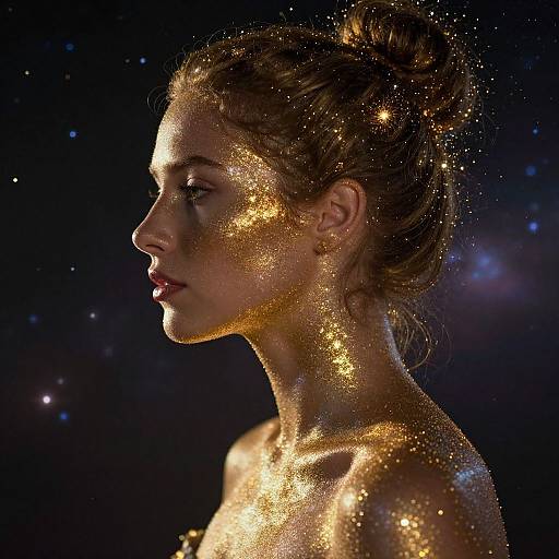 Photograph of a woman with glowing, golden glitter covering her face and upper body, in profile against a dark, starry background.