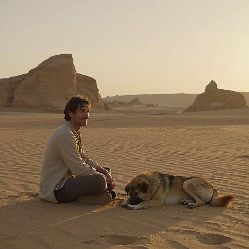 Photograph of a bearded man in a beige shirt and gray pants, sitting on desert sand next to a resting dog, with sunlit, rocky