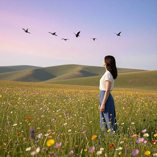Photograph of a woman with long black hair, wearing a white shirt and blue polka-dot skirt, standing in a colorful wildflower meadow,