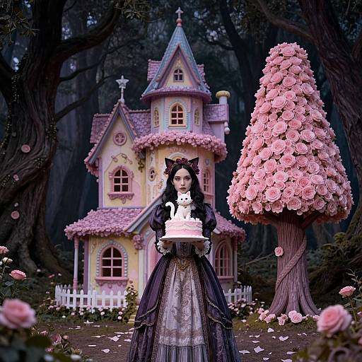 Gothic Lolita-style girl with black hair, cat ears, and long dress holds cake in front of whimsical pink castle and rose tree in dark
