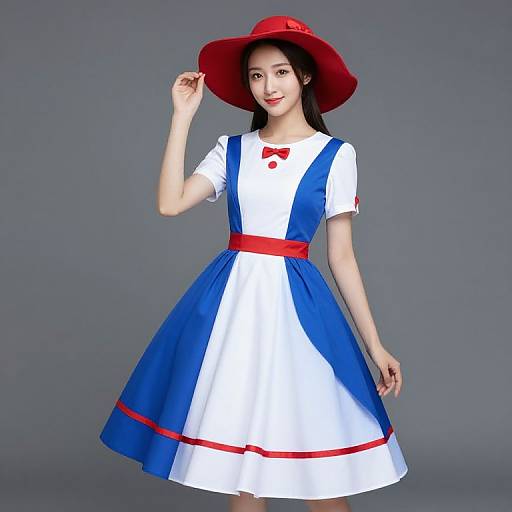 Woman in Blue and White Dress