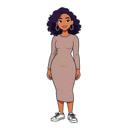 Digital illustration of a smiling, curvy woman with dark curly hair, wearing a long, light purple dress, white sneakers, and large hoop earrings,