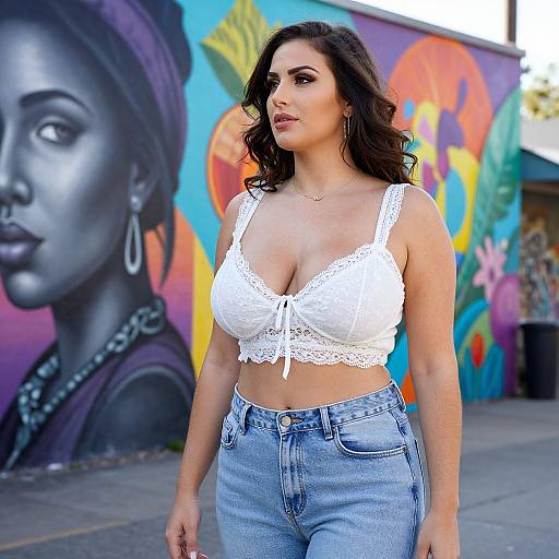 Photograph of a curvy woman with long dark hair, wearing a white lace crop top and high-waisted blue jeans, standing in front of