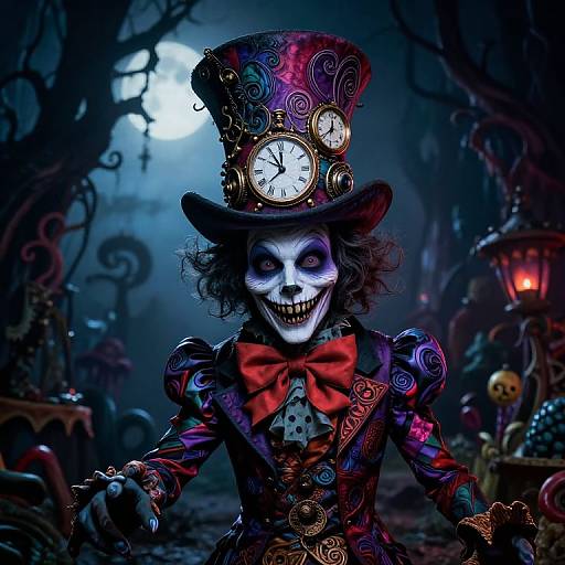 Digital art of a creepy character with white face paint, black eyes, toothy grin, wearing a colorful top hat, ornate suit, and red