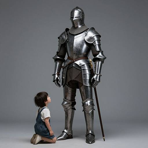 Photograph of a young child kneeling beside a tall, armored knight statue in shiny metal armor with a sword, against a plain gray background.