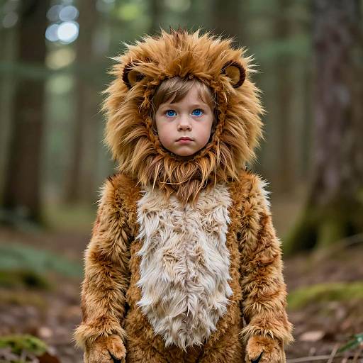 Child in Realistic Lion Costume in Forest