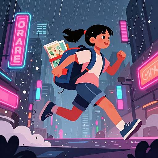 Digital illustration of a smiling girl with black pigtails, wearing a white shirt, blue shorts, and backpack, running in a neon-lit,