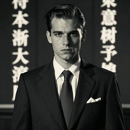 Black-and-white photograph of a serious, handsome man in a dark pinstripe suit, white shirt, and black tie, with slicked-back hair