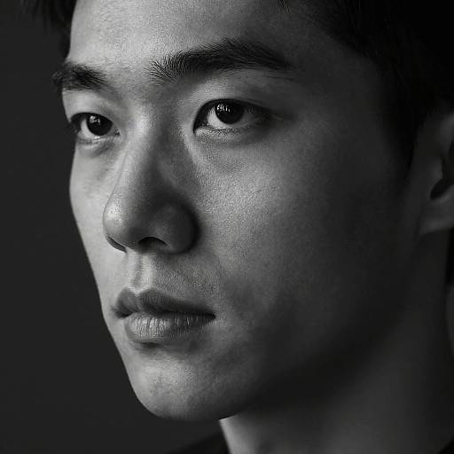 Close-up photograph of an Asian man with short black hair, illuminated in blue monochrome lighting, showing detailed skin texture and thoughtful expression. Dark background.