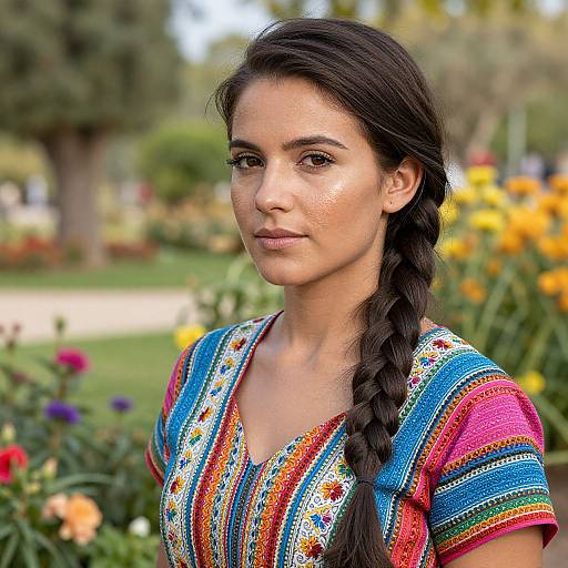 Photograph of a young woman with olive skin, dark braided hair, and colorful embroidered dress, standing in a vibrant, flower-filled garden.