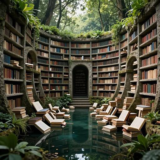Photograph of a lush, tree-covered library with curved wooden bookshelves, arched doorways, a small pond, and wooden lounge chairs.