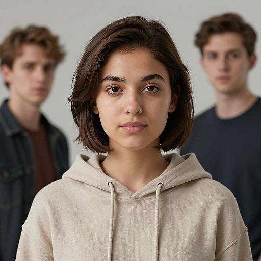 Photograph of a young woman with short, dark brown hair, wearing a beige hoodie, standing in front of two blurred, brown-haired men in casual