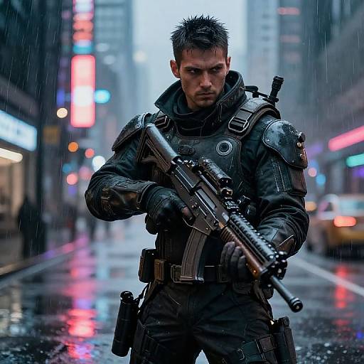 Photorealistic CGI: Intense, muscular man in dark tactical armor and gloves, holding a rifle, standing in a rainy, neon-lit urban