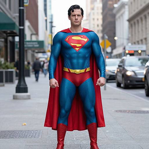 Photograph of a muscular man in a Superman costume standing on a city street, with buildings and cars blurred in the background.