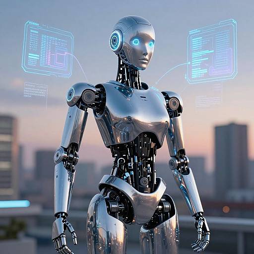 Photorealistic CGI of a silver, female humanoid robot with glowing blue eyes, standing on a rooftop at sunset, with holographic interfaces floating around her
