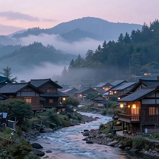 Photograph of traditional Japanese wooden houses with warm lights, nestled along a rocky river, surrounded by misty forested mountains at twilight.