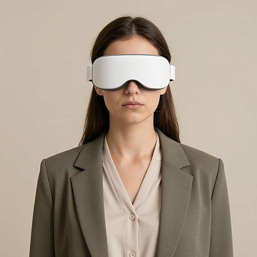Photograph of a young woman with long dark hair, wearing a green blazer, white shirt, and white virtual reality headset, against a plain beige
