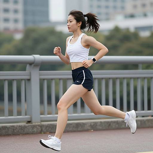 Young Woman Running on Urban Bridge