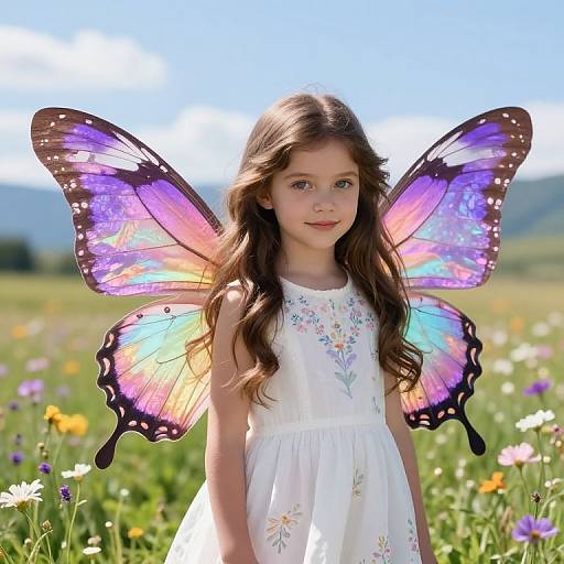 Photograph of a young girl with long brown hair, wearing a white floral dress and vibrant, iridescent butterfly wings, standing in a sunny me