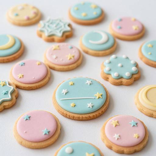 Photograph of pastel-colored, star-shaped sugar cookies with blue and pink icing, adorned with small white and yellow stars, on a white surface.